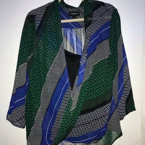 Liz Claiborne Green and Blue Asymmetrical Wrap Blouse